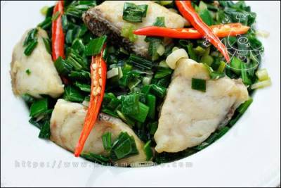 ปลาเก๋าผัดต้นกระเทียม อร่อยๆ